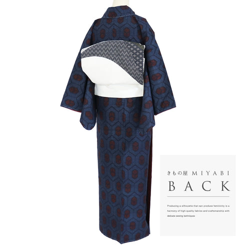 紬 リサイクル 身丈162cm 裄64.8cm 袷 結城紬 亀甲柄 ブルー Lサイズ カジュアル お洒落 証紙 しつけ糸 正絹 広衿 Aランク