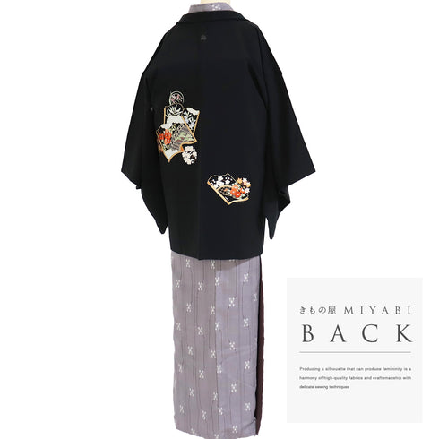 黒羽織 リサイクル 身丈77.5cm 裄64.4cm 袷 和本や花丸柄 刺繍 黒絵羽 ブラック Sサイズ フォーマル 正絹 Sランク