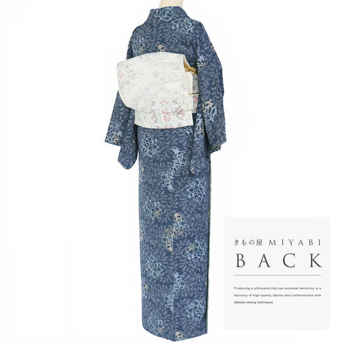 小紋 リサイクル 身丈155cm 裄64.6cm 袷 たたきに蔓草花模様 ブルー Sサイズ お洒落 カジュアル 正絹 広衿 Sランク