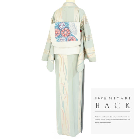 小紋 リサイクル 身丈166.2cm 裄69.8cm 袷 デザイン彩色模様 地紋 グリーン LLサイズ お洒落 カジュアル 正絹 広衿 Sランク