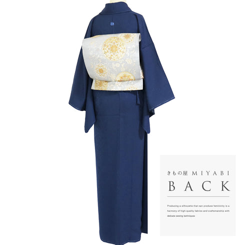 色無地 リサイクル 身丈165cm 裄64.4cm 袷 ネイビー Lサイズ セミフォーマル 一つ紋 しつけ糸 正絹 広衿 地紋あり Sランク