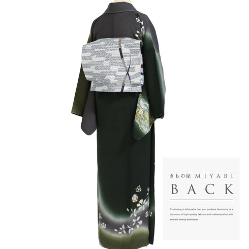 訪問着 リサイクル 身丈157.7cm 裄67.6cm 袷 ぼかしに花柄 金駒刺繍 絞り グリーン Mサイズ お洒落 正絹 広衿 Aランク