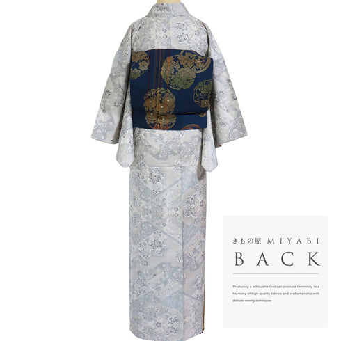 紬 リサイクル 身丈152.3cm 裄62.8cm 袷 デザイン菱模様 草花柄 グレー Sサイズ お洒落 カジュアル 正絹 広衿 Aランク