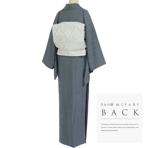 色無地 リサイクル 身丈165cm 裄68cm 袷 短冊寄柄 グレー Lサイズ セミフォーマル お洒落 一つ紋 正絹 広衿 地紋あり Aランク