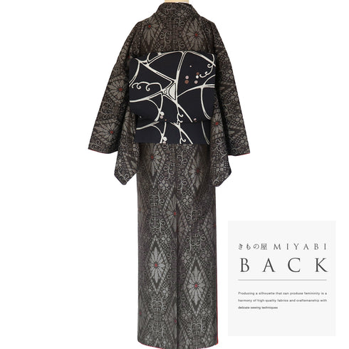 紬 リサイクル 身丈163.3cm 裄66.8cm 袷 花菱模様 ブラック Lサイズ お洒落 お洒落 正絹 広衿 Sランク