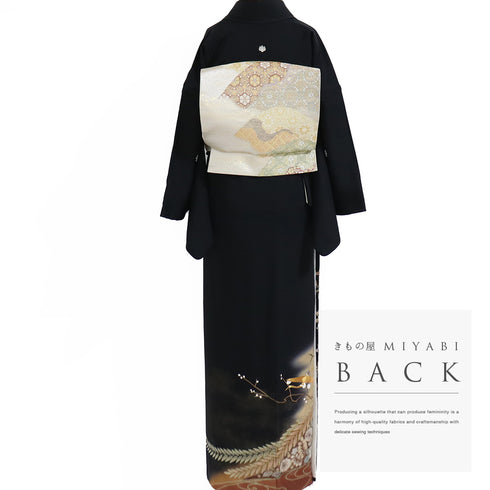 黒留袖 リサイクル 身丈166cm 裄65.8cm 袷 辻ヶ花に松や鶴柄 部分絞り 金駒刺繍 ブラック LLサイズ フォーマル 落款 五つ紋 正絹 広衿 Sランク