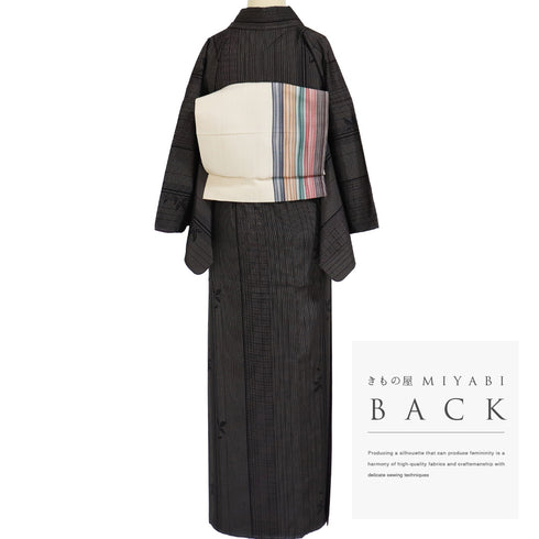 紬 リサイクル 身丈151.8cm 裄63cm 袷 柿渋染 汕頭刺繍 縞模様 枝葉柄 ブラック Sサイズ お洒落 証紙 しつけ糸 正絹 広衿 Sランク