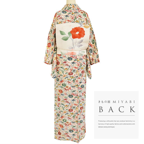 小紋 リサイクル 身丈155.5cm 裄64cm 袷 花柄 菊柄 アイボリー Mサイズ お洒落 正絹 広衿 Sランク