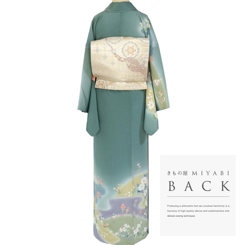 訪問着 リサイクル 身丈158cm 裄66.4cm 袷 花草模様 グリーン Mサイズ セミフォーマル 落款 しつけ糸 正絹 広衿 未使用品