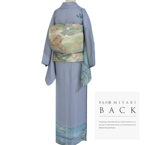 訪問着 リサイクル 身丈167.5cm 裄66.4cm 袷 京都嵐山渡月橋柄 箔 パープル LLサイズ お洒落 正絹 広衿 Sランク