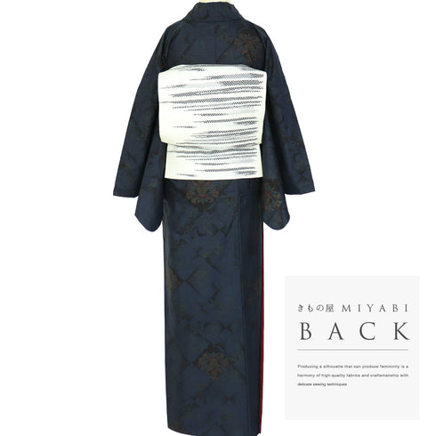 紬 リサイクル 身丈165.5cm 裄68.8cm 袷 花柄 ネイビー LLサイズ お洒落 カジュアル 正絹 広衿 Sランク