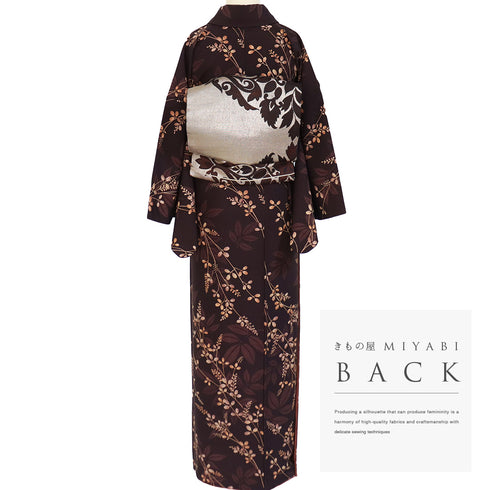 小紋 リサイクル 身丈165.5cm 裄67.3cm 袷 草花柄 既製品 ブラウン LLサイズ お洒落 ポリエステル 洗える着物 広衿 Sランク