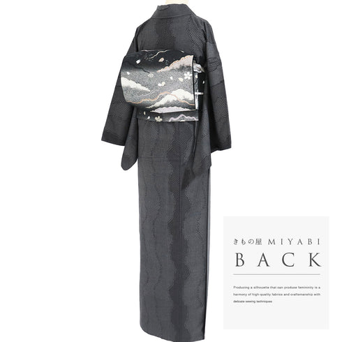 結城紬 リサイクル 身丈171cm 裄68.4cm 袷 ゆったりサイズ 百亀甲絣柄 奥順製 ブラック LLサイズ カジュアル お洒落 証紙 正絹 広衿 Sランク