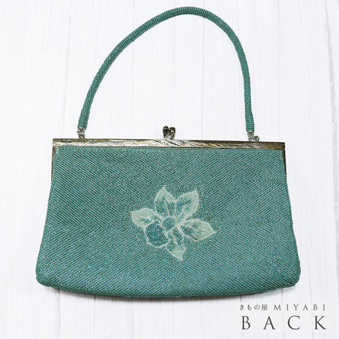 ビーズバック グリーン 花柄 お洒落 カジュアル 横幅22.5cm 高さ13cm マチ3.5cm Aランク 和装小物 ZO-87