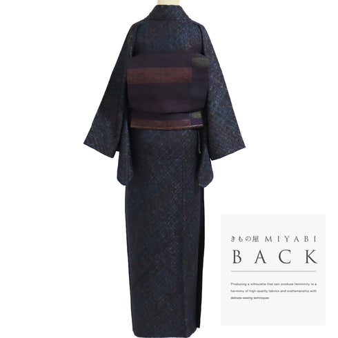 小紋 リサイクル 身丈159.5cm 裄66cm 袷 小花柄 漢方染 菅原結 地紋 ネイビー Mサイズ お洒落 正絹 広衿 Sランク