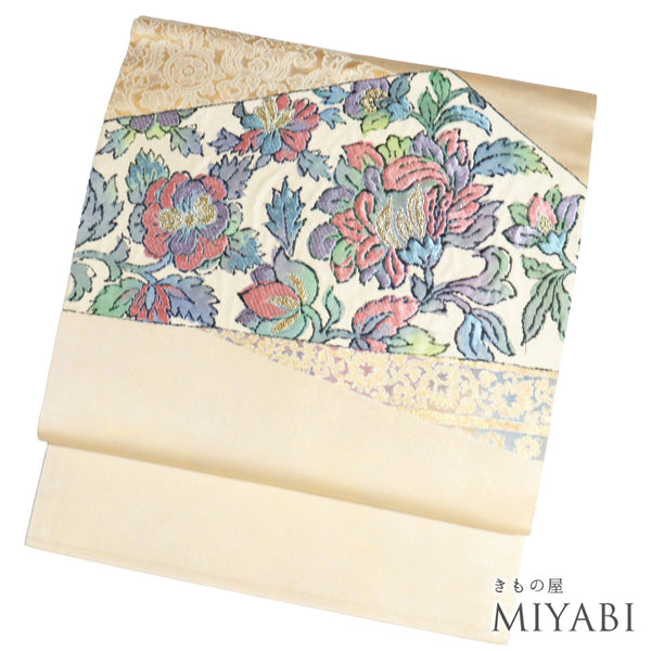 名古屋帯 リサイクル 帯丈355.5cm ポイント柄 花柄 部分刺繍 ベージュ Sサイズ 正絹 Sランク お洒落