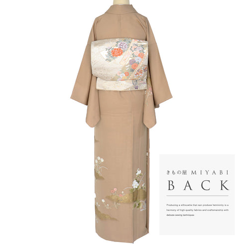 訪問着 リサイクル 身丈155.5cm 裄62.8cm 袷 花柄 雲取り柄 箔 刺繍 ブラウン Mサイズ お洒落 正絹 広衿 Sランク