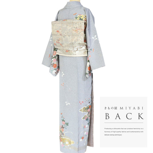 訪問着 リサイクル 身丈161.3cm 裄67.2cm 袷 菊柄 たたき柄 箔加工 グレー Lサイズ セミフォーマル お洒落 正絹 広衿 Sランク