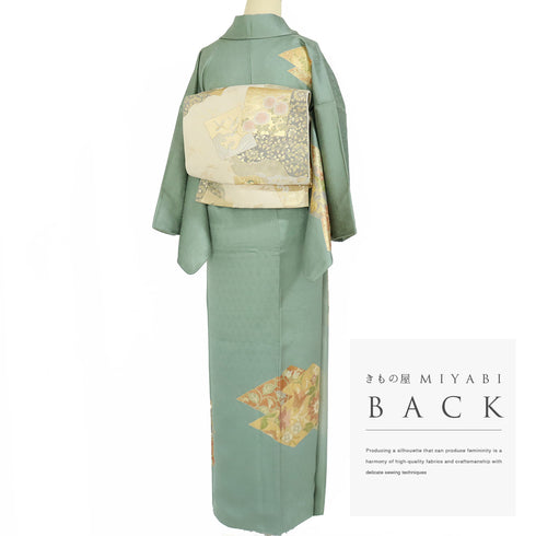 付下げ リサイクル 身丈156.5cm 裄62.8cm 袷 花唐草柄 地紋 金駒刺繍 箔 グリーン Mサイズ セミフォーマル お洒落 正絹 広衿 Sランク