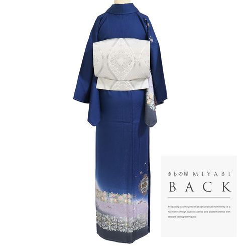 訪問着 リサイクル 身丈162.8cm 裄62.6cm 袷 金彩に双鳥と華文模様 ブルー Lサイズ セミフォーマル しつけ糸 正絹 広衿 Sランク