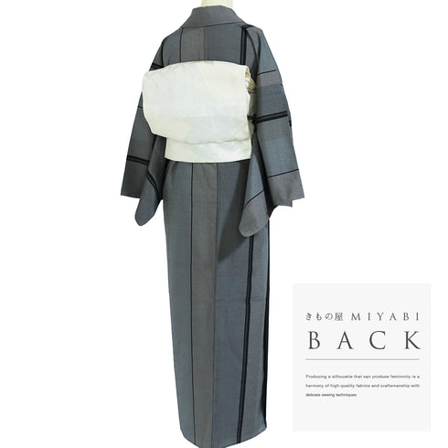 紬 リサイクル 身丈161cm 裄65.4cm 単衣 縞模様 後身頃居敷当て付き グレー Lサイズ カジュアル お洒落 正絹 広衿 Sランク