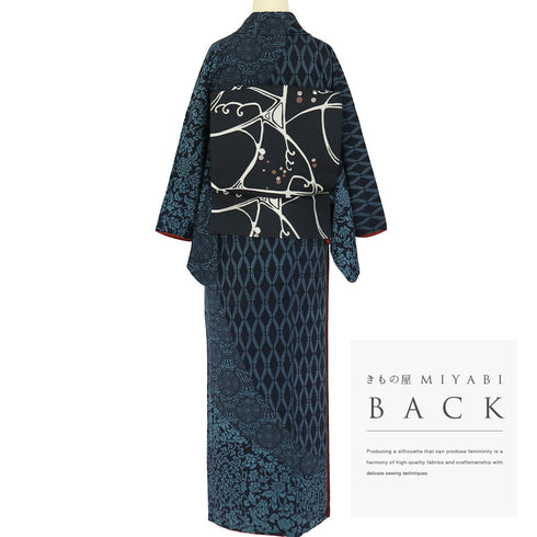 付下げ リサイクル 身丈160.8cm 裄64cm 袷 更紗柄 ネイビー Lサイズ お洒落 正絹 広衿 Sランク