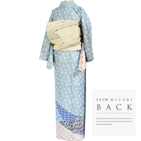 付下げ リサイクル 身丈155.7cm 裄64.6cm 袷 紬 梅鉢模様に裂取り柄 染め ブルー Mサイズ お洒落 正絹 広衿 Aランク