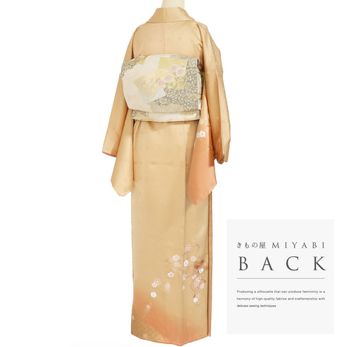 訪問着 リサイクル 身丈159.5cm 裄67cm 袷 文箱や枝垂れ花柄 地紋 金駒刺繍 ゆったりサイズ オレンジ Mサイズ セミフォーマル 正絹 広衿 Sランク