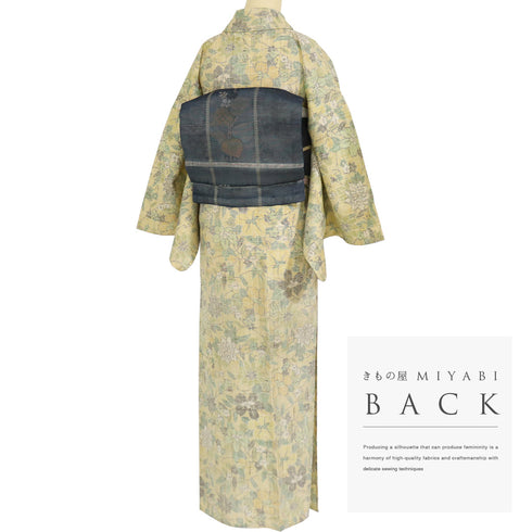紬 リサイクル 身丈155cm 裄68cm 単衣 華花柄 イエロー Sサイズ お洒落 カジュアル 正絹 広衿 Sランク