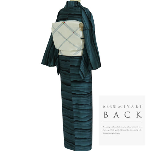 紬 リサイクル 身丈163.7cm 裄69.8cm 袷 一蔵プレミアム10加工 雲海模様 グリーン Lサイズ カジュアル お洒落 正絹 広衿 Sランク