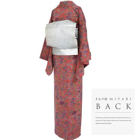 小紋 リサイクル 身丈163cm 裄67.4cm 袷 花唐草柄 ピンク Lサイズ お洒落 カジュアル 正絹 広衿 Sランク