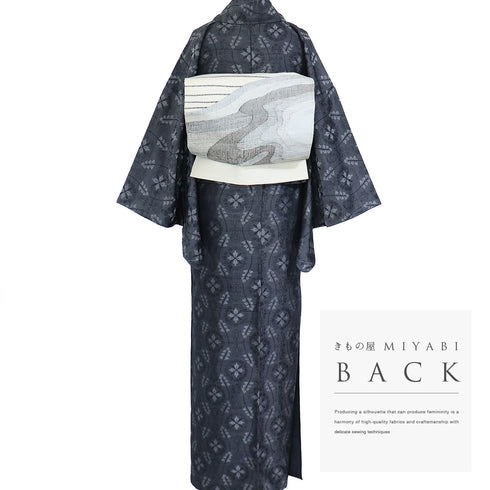 紬 リサイクル 身丈157.5cm 裄63.2cm 単衣 縦枠模様 ブラック Mサイズ お洒落 混合 バチ衿 Sランク