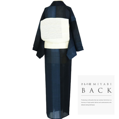 紬 リサイクル 夏着物 身丈155.5cm 裄65.2cm 夏物 夏物 絣寄せ柄に縞模様 ネイビー Mサイズ カジュアル お洒落 混合 洗える着物 広衿 Sランク