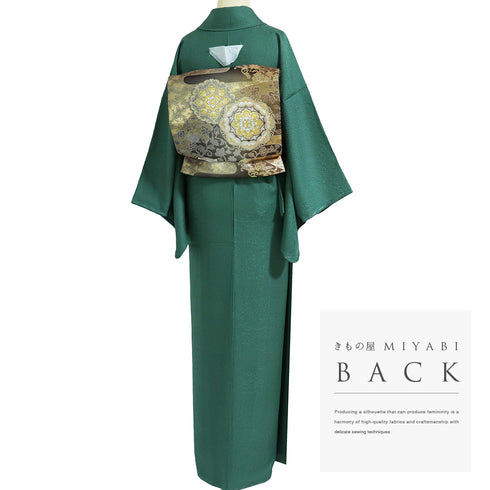 色無地 リサイクル 身丈156.8cm 裄64.4cm 袷 松や菊や紅葉柄 グリーン Mサイズ セミフォーマル お洒落 一つ紋 しつけ糸 正絹 広衿 地紋あり Sランク