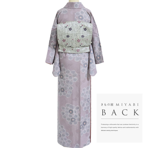 小紋 リサイクル 身丈155.5cm 裄64.6cm 袷 菊地紋 彩色 部分絞り パープル Mサイズ お洒落 カジュアル 正絹 広衿 Aランク