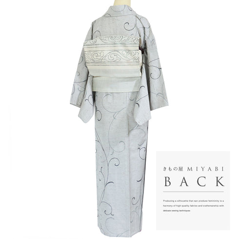 紬 リサイクル 身丈155.5cm 裄64.6cm 単衣 ぜんまい織 唐草模様 グレー Mサイズ カジュアル お洒落 証紙 混合 洗える着物 広衿 Sランク