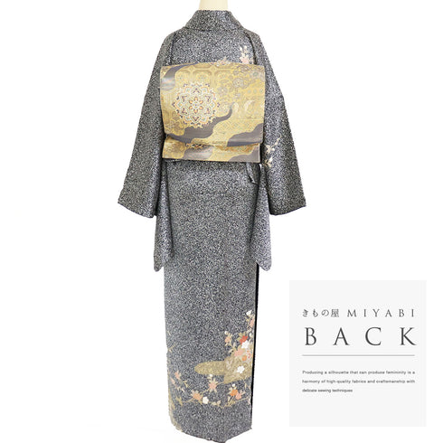 訪問着 リサイクル 身丈167.3cm 裄70.2cm 袷 短冊に花柄 金駒刺繍 箔 ブラック LLサイズ お洒落 正絹 広衿 Sランク