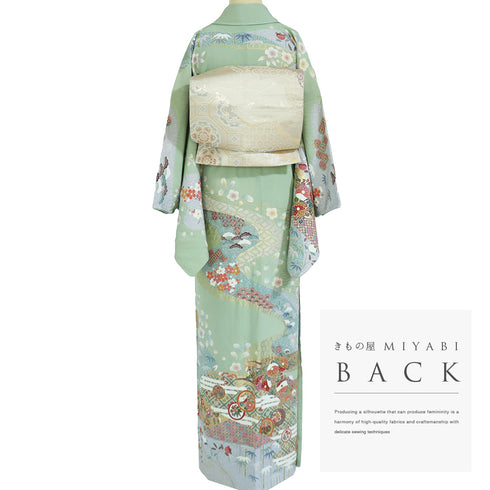 訪問着 リサイクル 身丈164.2cm 裄66.4cm 袷 霞に菊やたちばな柄 金駒刺繍 後絞り加工 箔 グリーン Lサイズ セミフォーマル お洒落 正絹 広衿 Sランク