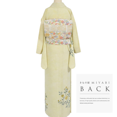 訪問着 リサイクル 身丈164.5cm 裄66.4cm 袷 花柄 箔 イエロー Lサイズ セミフォーマル 正絹 広衿 Aランク