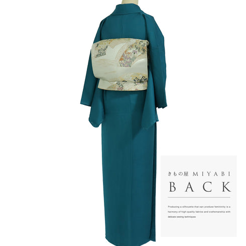 色無地 リサイクル 身丈159.5cm 裄64.4cm 袷 裂取り地紋 パールトーン加工 里美 グリーン Mサイズ お洒落 しつけ糸 正絹 広衿 地紋あり Sランク