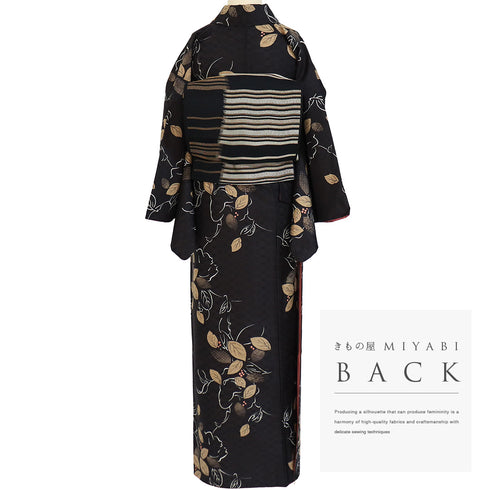 小紋 リサイクル 身丈162.8cm 裄66.4cm 袷 デザイン花柄 ブラック Lサイズ お洒落 カジュアル ポリエステル 洗える着物 広衿 Sランク