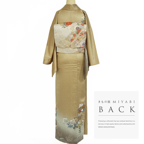 訪問着 リサイクル 身丈167.3cm 裄68.2cm 袷 地紋 金彩秋草模様 刺繍 ブラウン LLサイズ セミフォーマル 正絹 広衿 Sランク