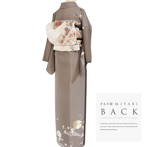 訪問着 リサイクル 身丈160.5cm 裄64.4cm 袷 雪輪 葡萄柄 箔加工 ブラウン Lサイズ セミフォーマル お洒落 正絹 広衿 Sランク