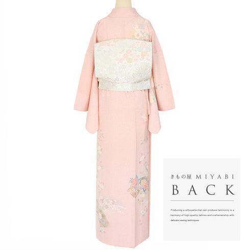 訪問着 リサイクル 身丈162.3cm 裄67.4cm 袷 地紙に牡丹柄 ピンク Lサイズ フォーマル セミフォーマル 落款 正絹 広衿 Sランク