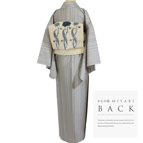 紬 リサイクル 身丈158.5cm 裄65.8cm 単衣 縞模様 グレー Mサイズ カジュアル 正絹 広衿 Aランク