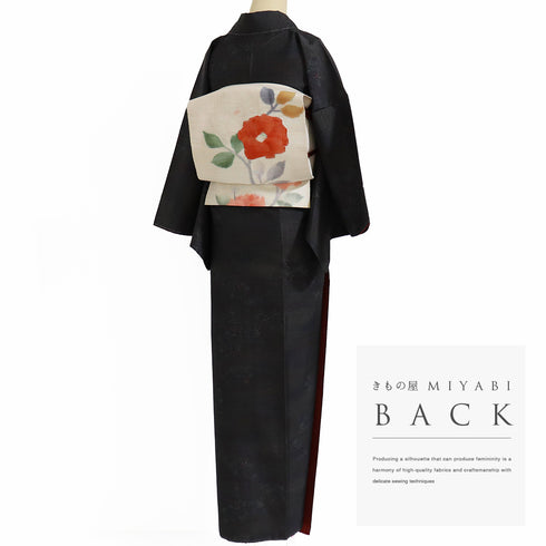 紬 リサイクル 身丈163.2cm 裄64.6cm 袷 花枝柄 ブラック Lサイズ お洒落 しつけ糸 正絹 広衿 Sランク