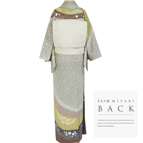 訪問着 リサイクル 身丈153.3cm 裄62.4cm 袷 絞り 斜縞模様 染め分け柄 地紋 グレー Sサイズ お洒落 正絹 広衿 Sランク
