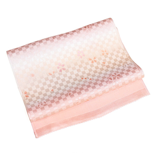 帯締め・帯揚げセット リサイクル フォーマル 平組紐 綸子 ピンク 正絹 新品・未使用品 桜柄 千鳥格子地紋