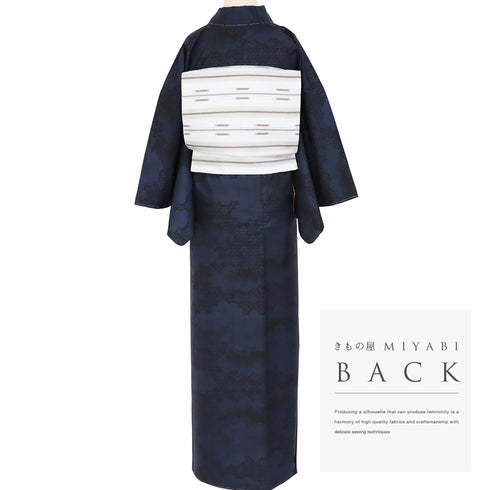 紬 リサイクル 身丈163.8cm 裄64.8cm 袷 雲取に麻の葉柄 ネイビー Lサイズ お洒落 カジュアル しつけ糸 正絹 広衿 Sランク