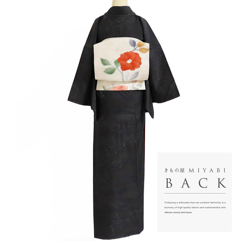 紬 リサイクル 身丈163.2cm 裄64.6cm 袷 花枝柄 ブラック Lサイズ お洒落 しつけ糸 正絹 広衿 Sランク